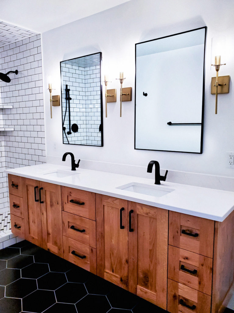 Bathroom remodel with double sink and subway tiles